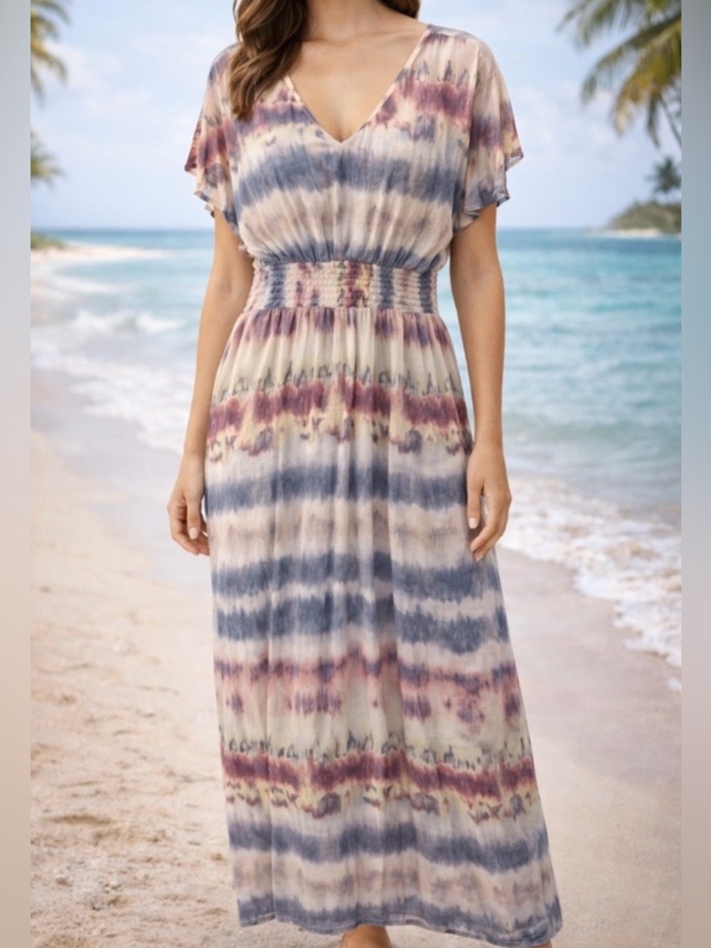 Bebop Tie-Dye Maxi Dress, Pastel Watercolor Pattern with Tie-Back Detail, NWT